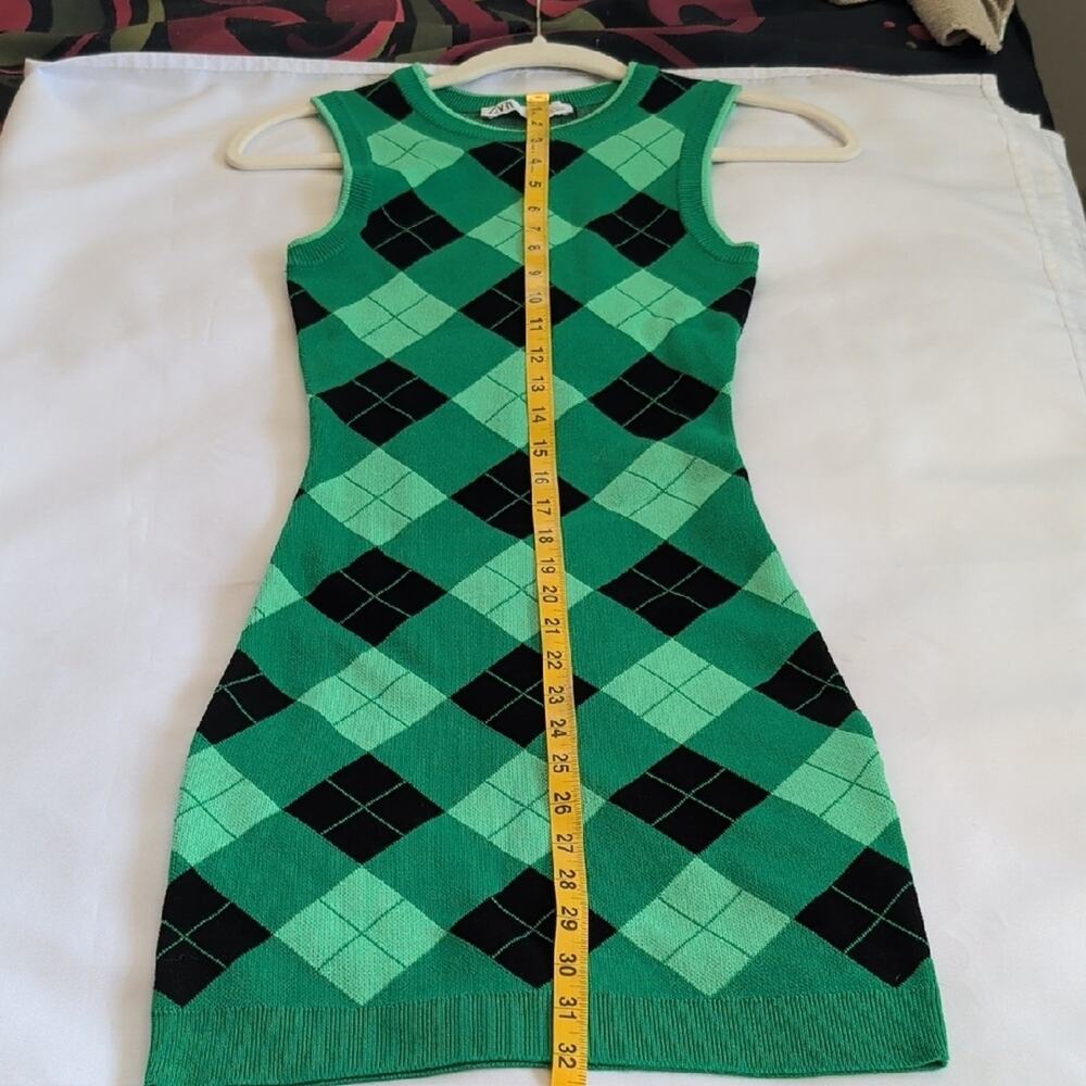 Zara Argyle Sweater Dress XS Green Preppy Bodycon Knit Sleeveless  Y2K - Picture 5 of 5
